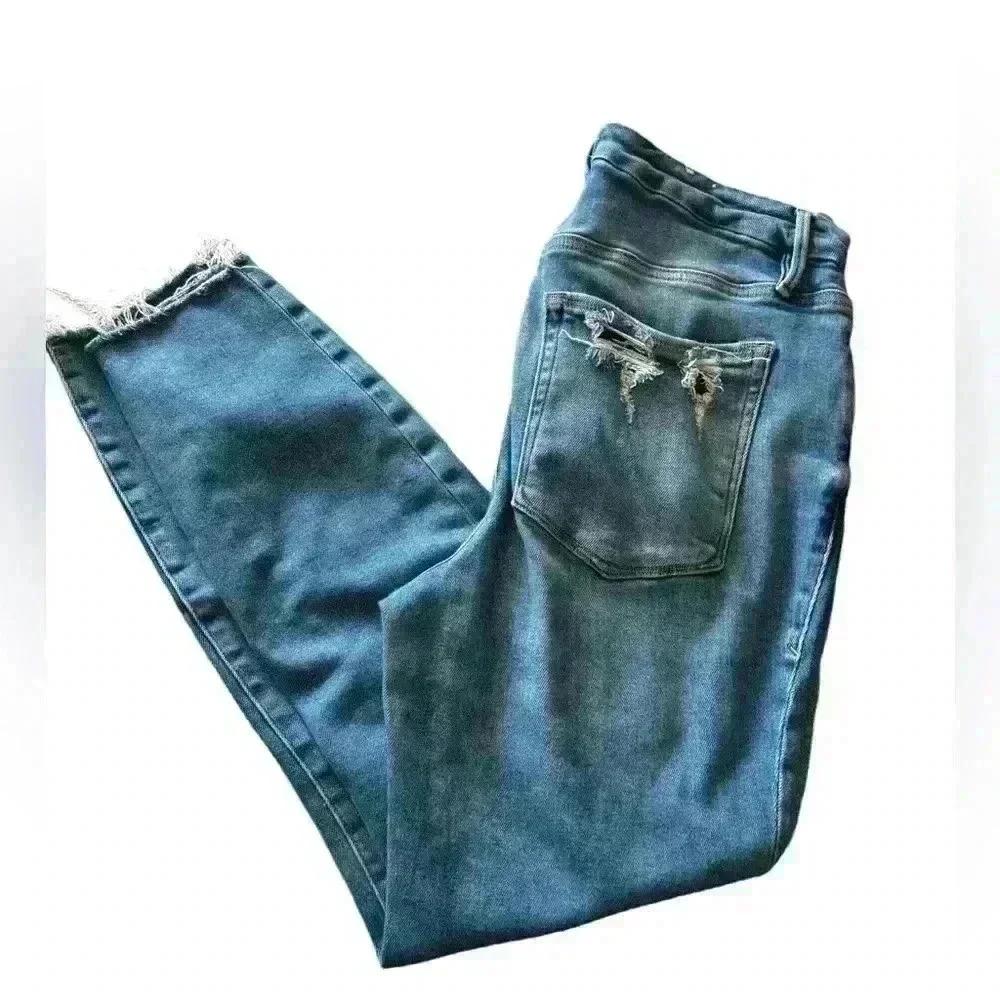 Good American Womens Straight Jeans High Rise Distressed Light Wash Blue Size 15